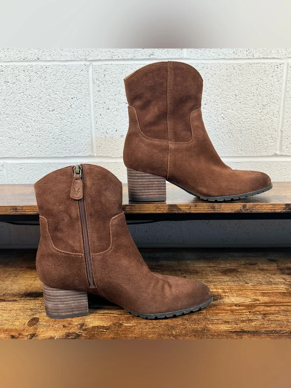 Vionic Bishop Boots Brown Suede Leather Western Bootie Side Zip Women's 8